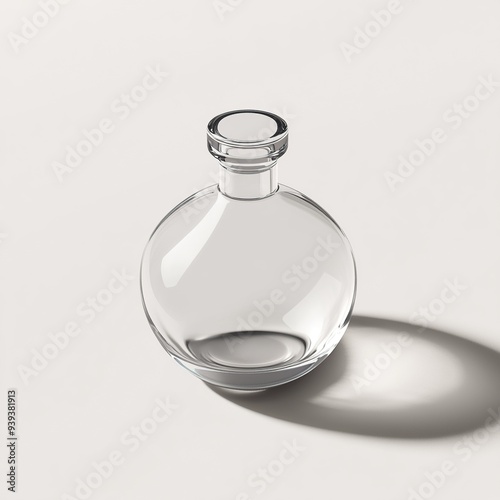 Clear glass bottle with a round body and a cap on a white background.