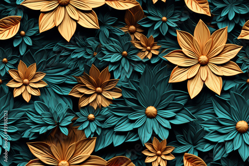 Abstract 3D floral background with teal and gold flowers.