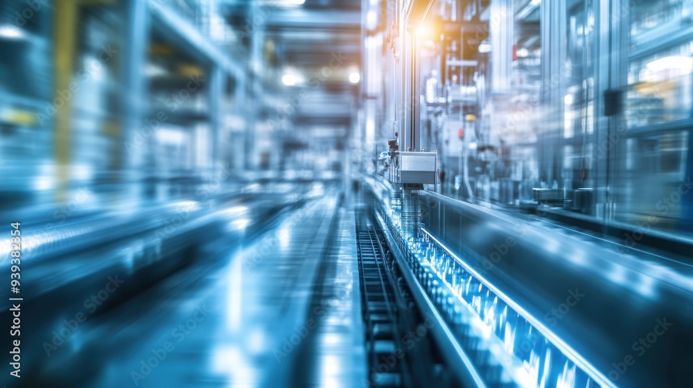 A blurred view of an industrial facility with machinery and conveyor belts in action. A blurred view of an industrial facility with machinery and conveyor belts in action.