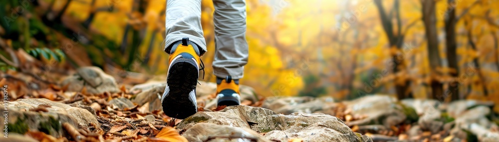 Hiker walking on rocky trail in autumn forest, wearing yellow and black shoes, surrounded by fall foliage. Hiker walking on rocky trail in autumn forest, wearing yellow and black shoes, surrounded by fall foliage.