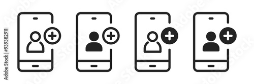Add new user icon. Profile avatar with plus on phone. Vector