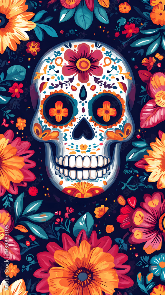Mexican themed wallpaper with a catrina in the center of the image. Day of the Dead concept. Halloween concept. Wallpaper concept. Mexican themed wallpaper with a catrina in the center of the image. Day of the Dead concept. Halloween concept. Wallpaper concept.