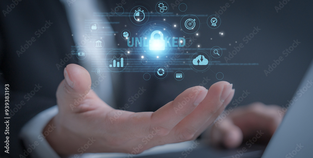cybersecurity for business managed the document privacy to protection online data by lock icon virtual screen technology.protecting personal data on laptops interfaces prevent mail from scammer hacker