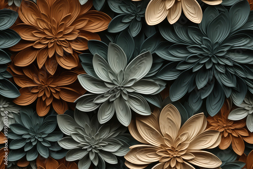 Abstract seamless pattern of 3d layered flowers in shades of blue, beige and brown.