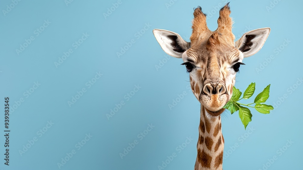 Naklejka premium Close-up shot of a giraffe against a blue background while eating leaves, displaying its long neck and unique pattern.