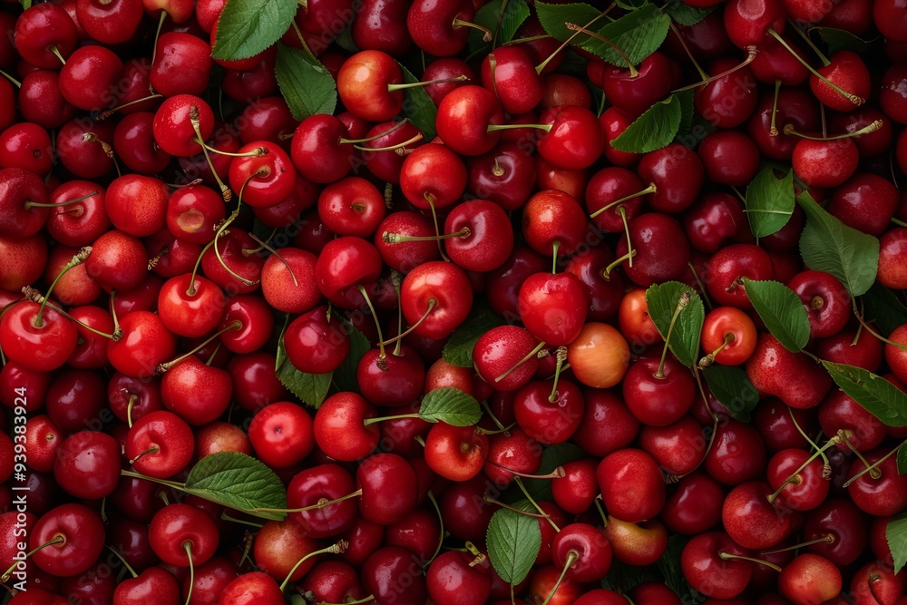 Ripe cherries with stems and leaves forming a background Ripe cherries with stems and leaves forming a background