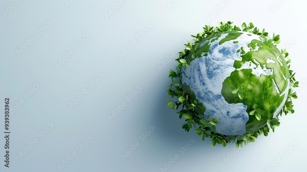 Planet Earth encompassed by lush green leaves, symbolizing environmental conservation and global sustainability against a white background.