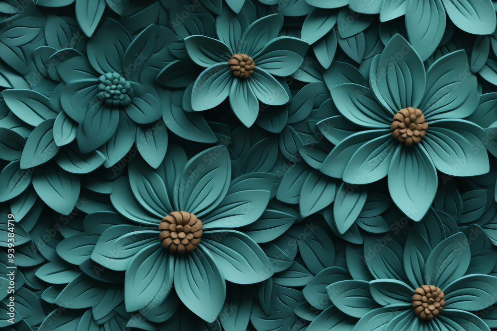 Seamless pattern of teal 3D flowers with brown centers. Seamless pattern of teal 3D flowers with brown centers.