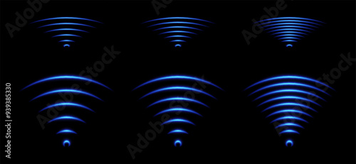 WiFi light effect, sound wave icons, radar signal concept. Blue wireless network glowing elements, neon echo or scan effect. Vector illustration.