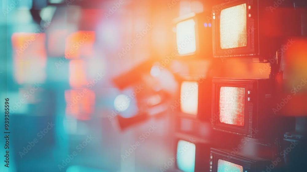 A blurred view of illuminated screens and cameras in a vibrant, high-tech environment.