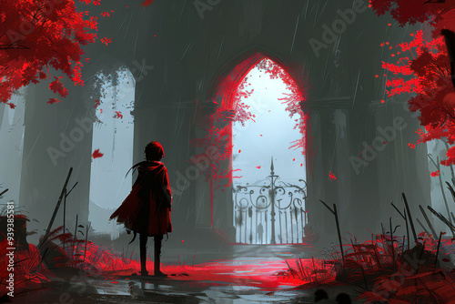 Mysterious figure at gothic gate in red forest photo