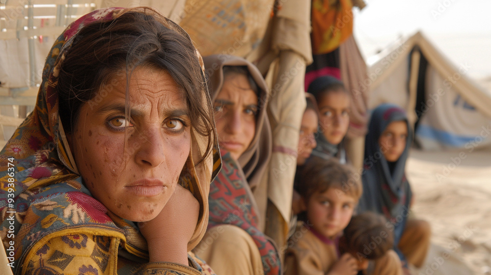 Fototapeta premium A refugee camp where women and children, who have fled religious violence, are huddled together in makeshift shelters. Their faces show fear and loss, and in the background.