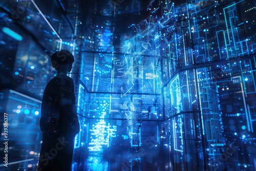 Technology concept with a blue light effect, featuring futuristic graphics to represent advanced innovations and digital progress in a modern context.