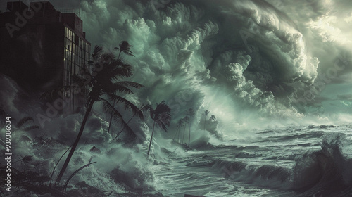 A coastal area being battered by a massive hurricane, with towering waves crashing against the shoreline. Palm trees are bent by the wind. photo