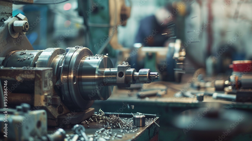 A busy mechanical engineering workshop where engineers are building and testing mechanical components. The focus is on a middle-aged engineer operating a lathe machine. A busy mechanical engineering workshop where engineers are building and testing mechanical components. The focus is on a middle-aged engineer operating a lathe machine.