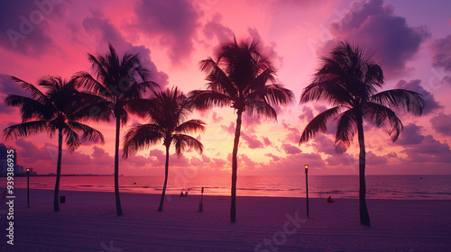 A serene view of Miami Beach at sunrise, with palm trees silhouetted against the pink and orange sky. 