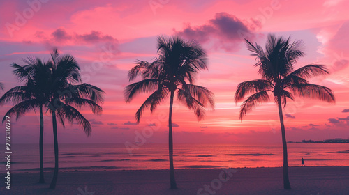 A serene view of Miami Beach at sunrise, with palm trees silhouetted against the pink and orange sky. 