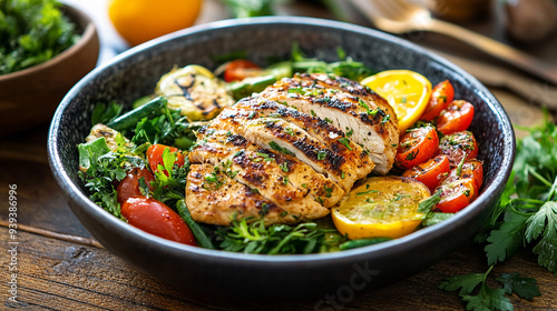 Freshly prepared healthy meal with colorful vegetables and lean protein on a dining table