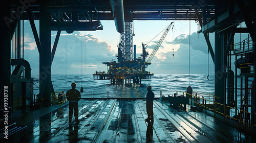 A massive offshore oil rig where a team of petroleum engineers is supervising drilling operations. The engineers, dressed in protective gear. photo