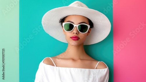 Elegant woman in white hat and sunglasses against colorful background. Fashionable summer style and bold color combination.