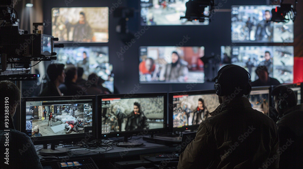 A newsroom where journalists are reporting on a religious conflict. The monitors display live footage of the violence, showing different perspectives A newsroom where journalists are reporting on a religious conflict. The monitors display live footage of the violence, showing different perspectives