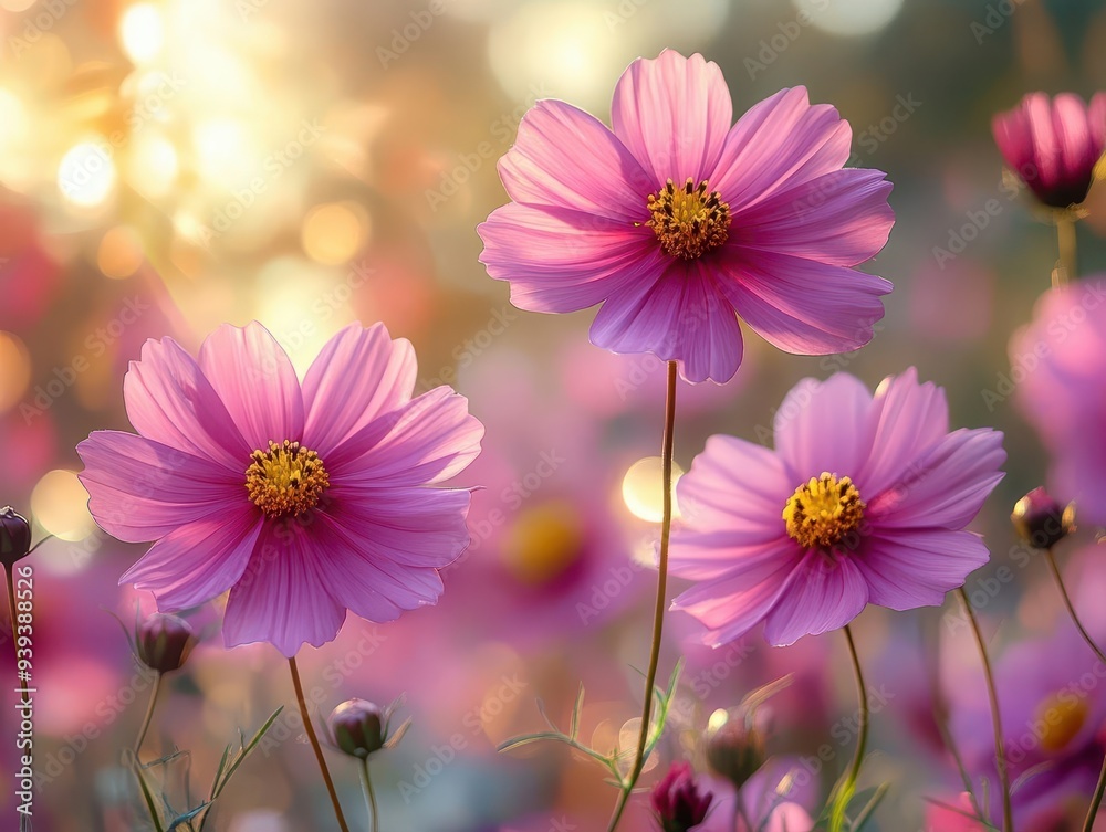 enchanting meadow filled with vibrant cosmos flowers soft sunlight filtering through petals dreamy bokeh effect nature macro photography enchanting meadow filled with vibrant cosmos flowers soft sunlight filtering through petals dreamy bokeh effect nature macro photography