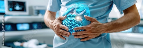 Doctor examining patient's stomach with 3D holographic digestive system technology in modern medical lab.