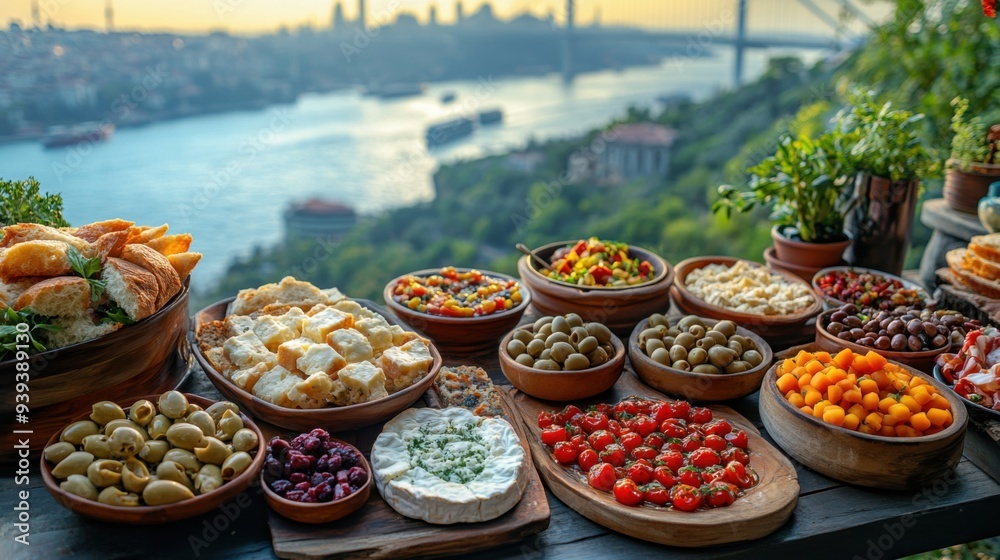 Fototapeta premium Vibrant Turkish Breakfast Spread on Balcony Overlooking Bosphorus
