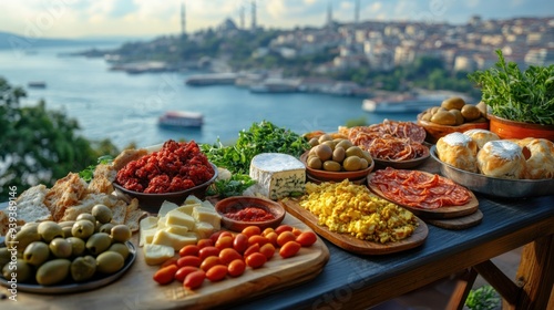 Vibrant Turkish Breakfast Spread on Balcony Overlooking Bosphorus