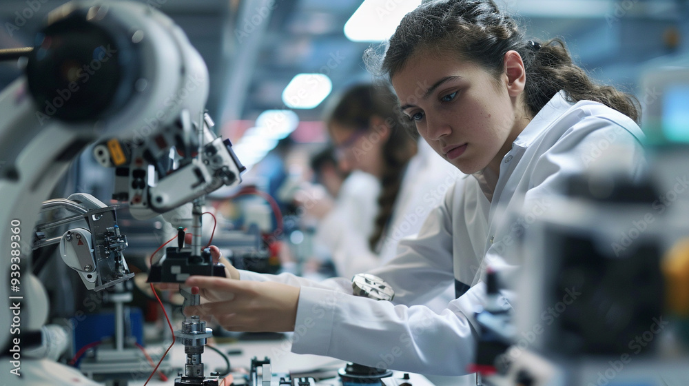 A high-tech robotics lab where a group of engineers is testing and assembling advanced robots. A young female engineer is in focus, programming a robotic arm on a computer. A high-tech robotics lab where a group of engineers is testing and assembling advanced robots. A young female engineer is in focus, programming a robotic arm on a computer.