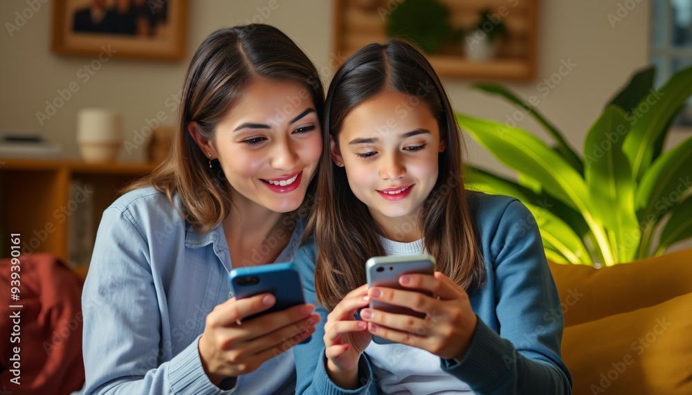 A mother and daughter browsing together on the internet with their smartphones 2 A mother and daughter browsing together on the internet with their smartphones 2