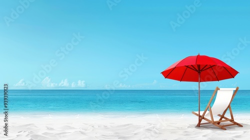 Serene beach with a red umbrella and chair overlooking the calm blue ocean under a clear sky. Perfect summer vacation destination.