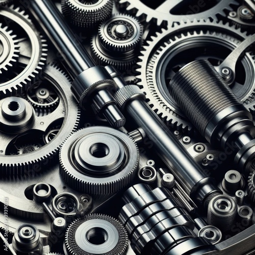 close-up shot, mechanical gears and cogs, metallic textures, intricate machinery, industrial design, steel tones, sharp focus, depth of field