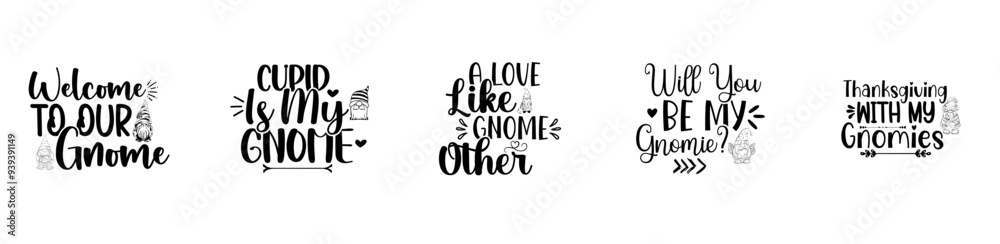 Obraz premium Cute Gnome Labels And Badges, Typographic Emblems Set Vector Illustration for T-Shirt Design, Label, Logo