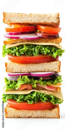 Tall Sandwich. Giant Lunch Snack with Toasted Bread and Fresh Tomatoes