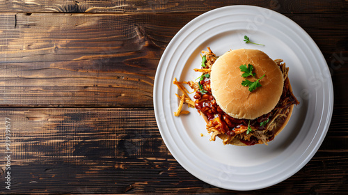 Bbq pulled pork sandwich on white plate on wooden table, garnished with fresh parsley