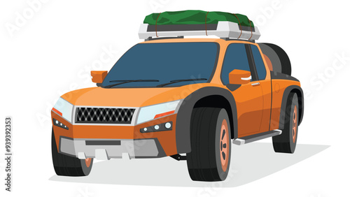 Perspective of car camping by pickup car orange color. with luggage on rack top roof of car. Spare tire on the bed of the truck. on isolated white background.