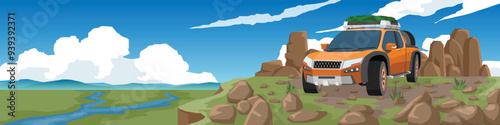Landscape view with off road car. Cars parked on a high cliff. Large rocks and gravel road hills. Ground below is a vast grassland with a river flowing through it. Mountain under blue sky and clouds.