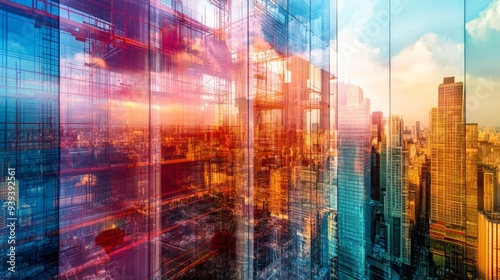 Vibrant cityscape with skyscrapers reflecting sunset colors through glass buildings. Modern urban landscape with colorful reflections.