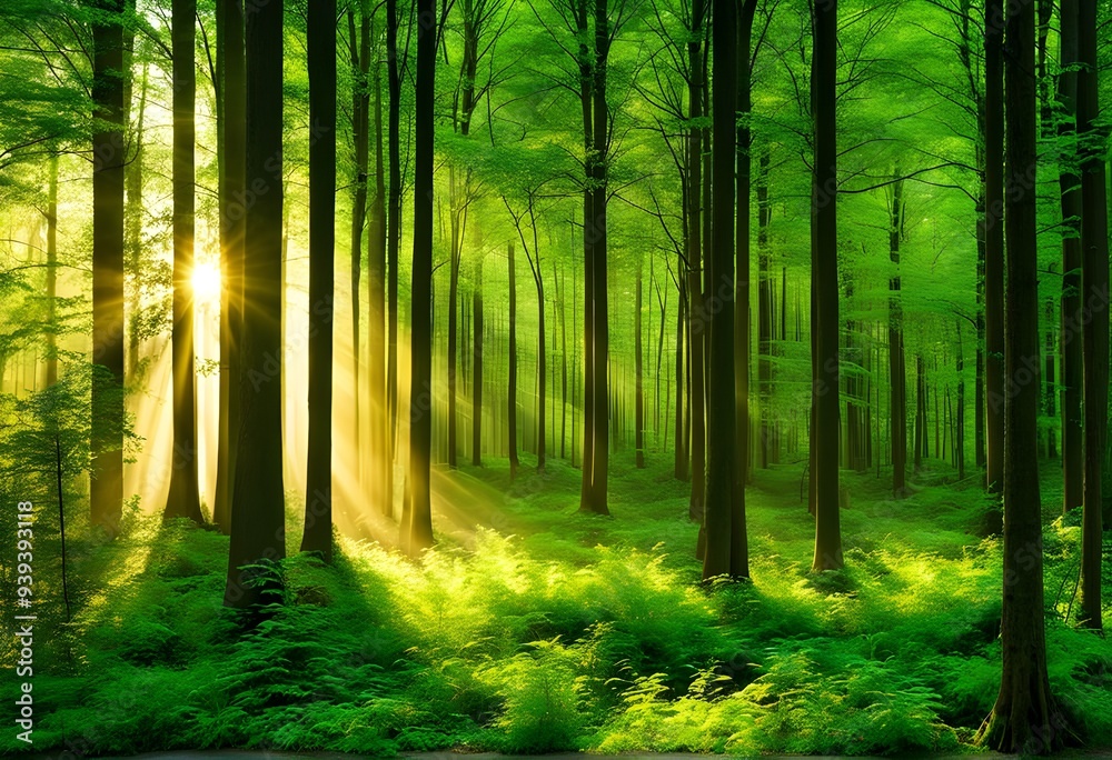 Fototapeta premium rays of light in the forest, Beautiful rays of sunlight in a green forest.