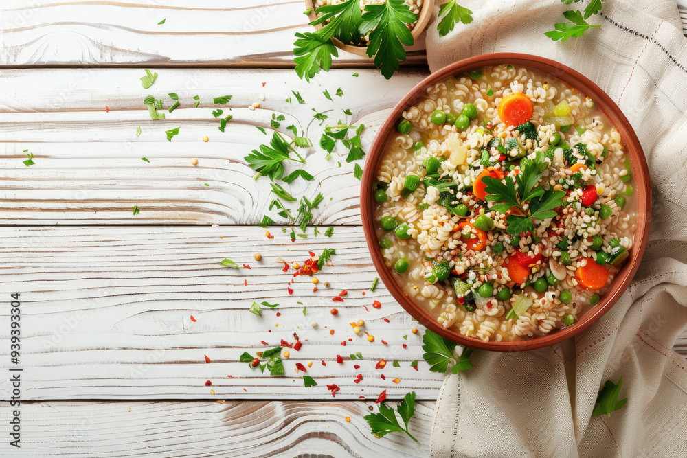close up horizontal image of a bowl of vegan food on a wooden table, view from above, copy space close up horizontal image of a bowl of vegan food on a wooden table, view from above, copy space