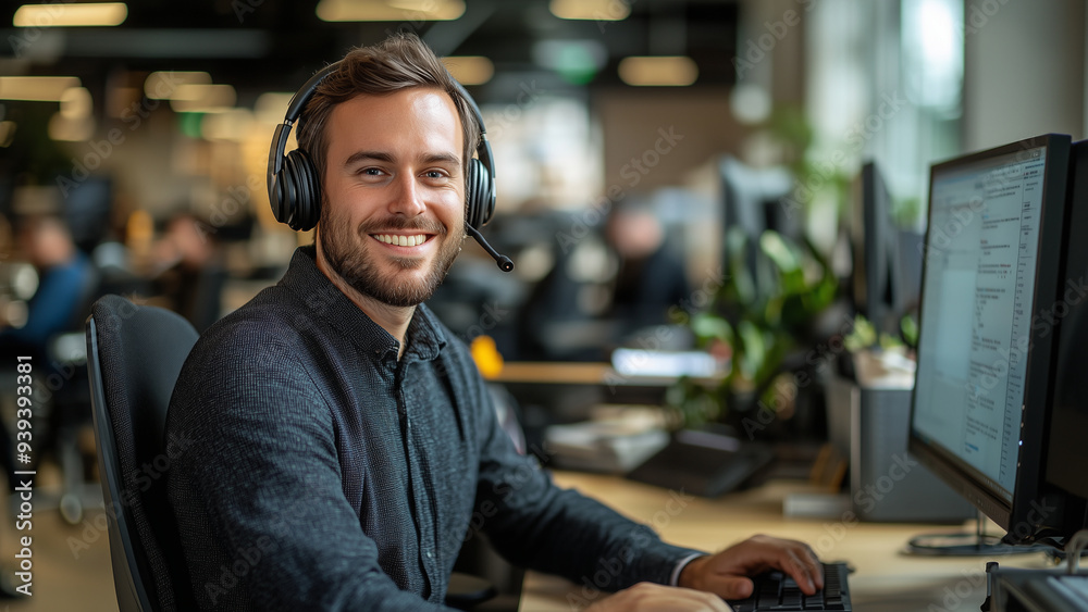 Caucasian White Man IT Support - office, headset, computer, smiling, man, working, desk, monitor, keyboard, casual, technology, employee, professional, workplace, casual wear Caucasian White Man IT Support - office, headset, computer, smiling, man, working, desk, monitor, keyboard, casual, technology, employee, professional, workplace, casual wear