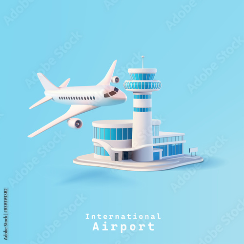 Modern airport building, passenger plane, 3D. Blue banner for commercial transportation, business, and travel concepts. City infrastructure, international air transportation. Vector