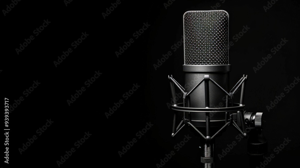 Studio Condenser Microphone Isolated on Black for Broadcasting and Recording, Copy Space on Left