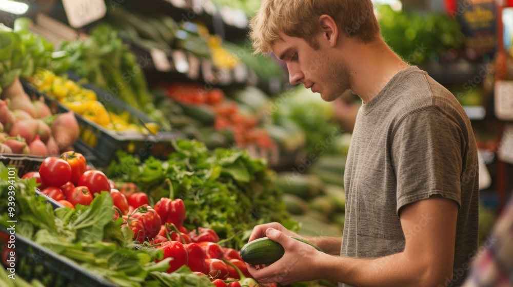 A young adult shopping for fresh produce at a farmer of market A young adult shopping for fresh produce at a farmer of market