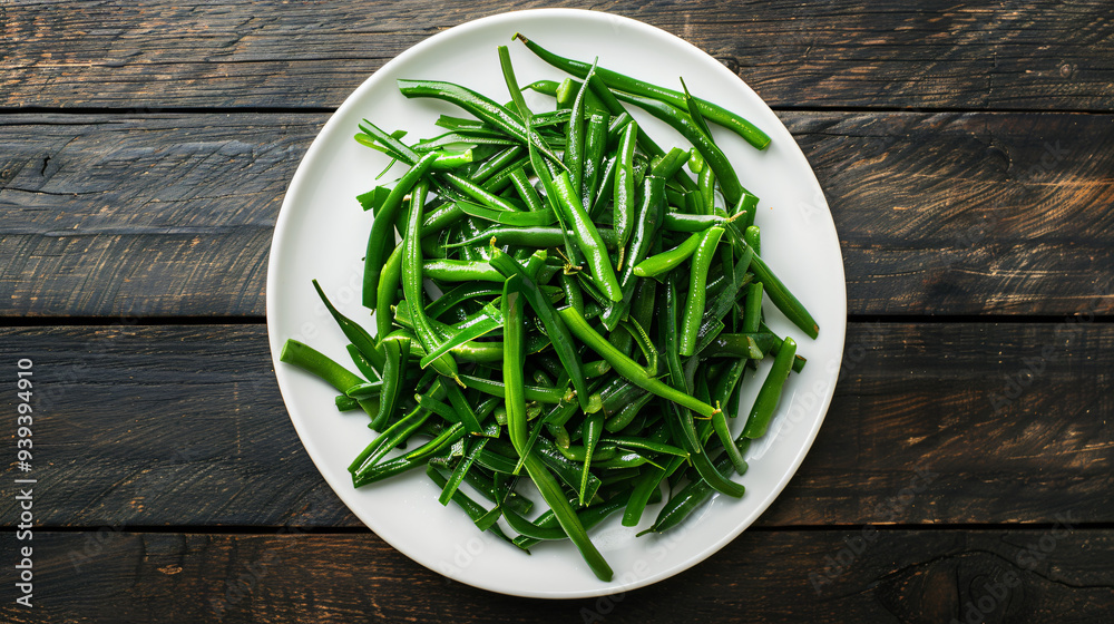 Top-down view of fresh green beans on a white plate on a rustic table: perfect for vegetarian diets and nutrient-packed cooking Top-down view of fresh green beans on a white plate on a rustic table: perfect for vegetarian diets and nutrient-packed cooking