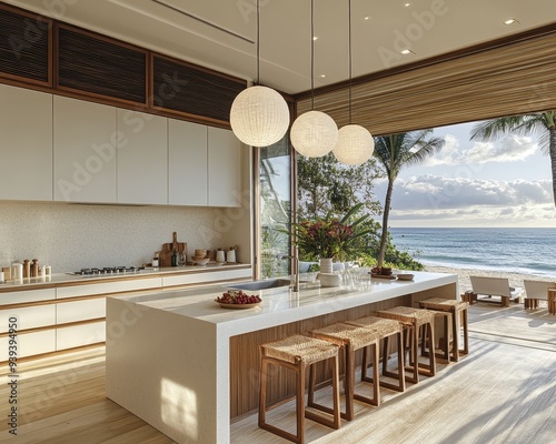 Coastal Kitchen with Ocean View Sunlight streams through the windows illuminating a modern kitchen with a large island and woven stools framed by a picturesque beach scene