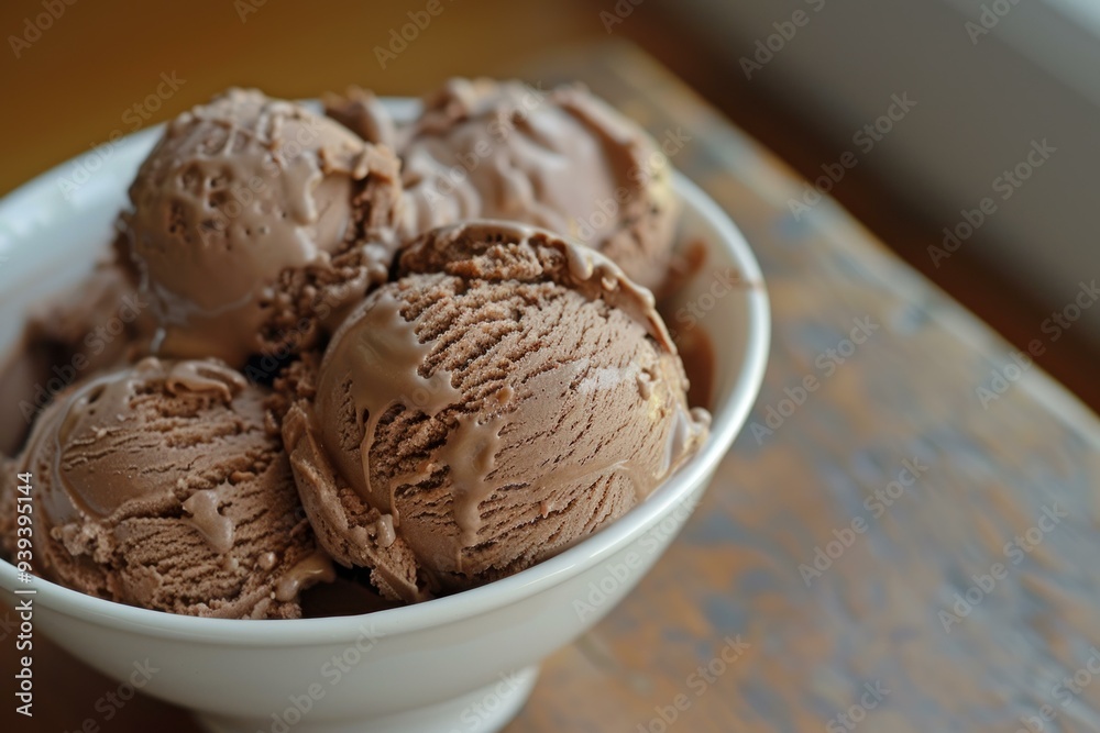 Scoops of chocolate ice cream melting in a white bowl, sitting on a rustic wooden table Scoops of chocolate ice cream melting in a white bowl, sitting on a rustic wooden table