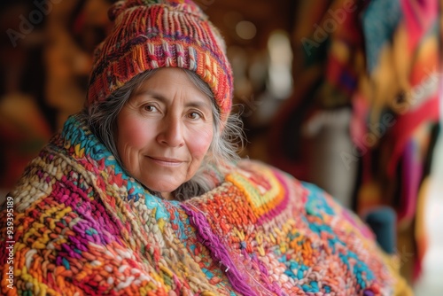 Elderly Hispanic woman with gray hair wearing a colorful knitted hat and shawl, with a gentle smile in a warm, cozy indoor setting. Hispanic Heritage