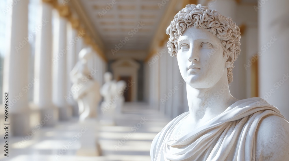 Classical marble statue in a grand hall with columns, representing ancient art and elegance. Classical marble statue in a grand hall with columns, representing ancient art and elegance.